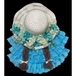 Handmade 18” White Straw Hat Door hanging‎ Wreath/Wall Decor Brown Hair Floral